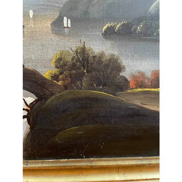 19th Century American Folk Art Landscape Sailboats On River Oil on ...