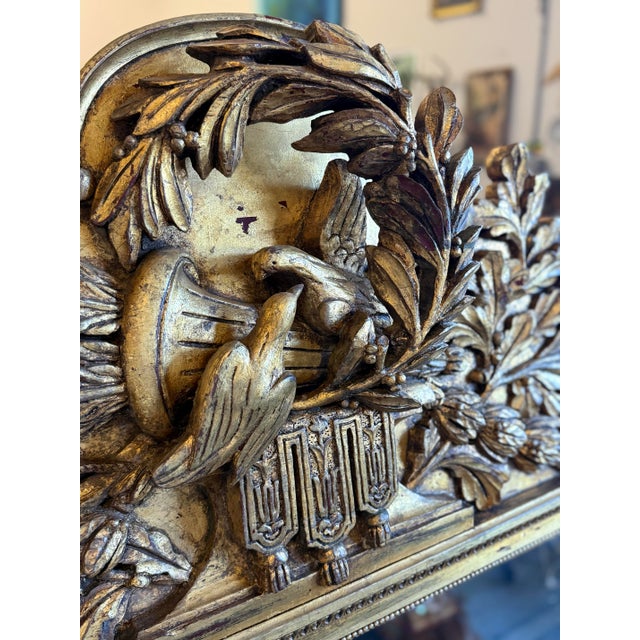 Wood Large Carved Antique Regency Carved Wood Gold Mirror.. 64” Tall. Three Dimensional Carving Doves and Cornucopia. For Sale - Image 7 of 8