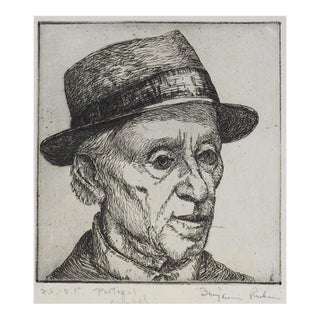 Vintage Mid 20th Century Portrait Etching of Man in Hat For Sale