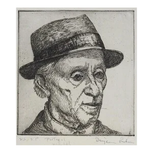Vintage Mid 20th Century Portrait Etching of Man in Hat