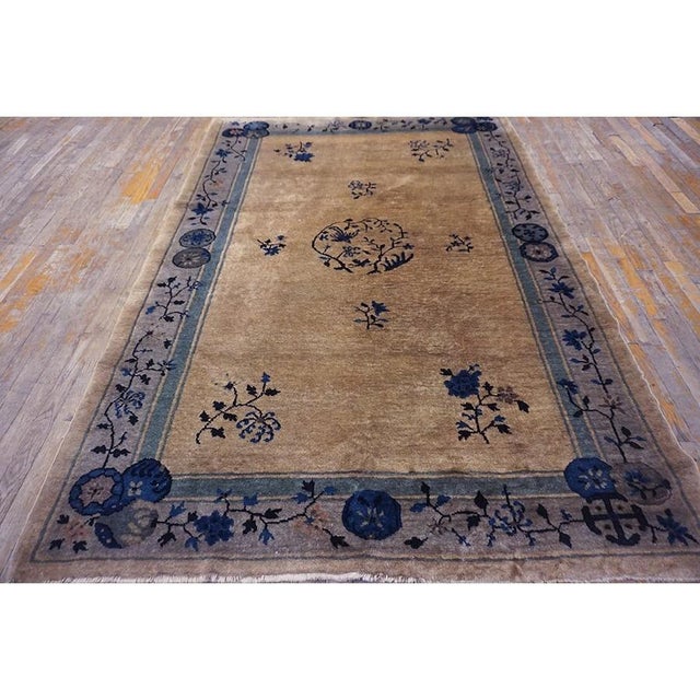 Chinese 1920s Tan Beige Color With Great Blue Florid Design Antique Chinese Peking Rug For Sale - Image 3 of 10