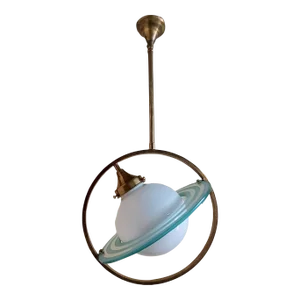Vintage Art Deco Saturn Light Brass Milk Glass Shade Pendant