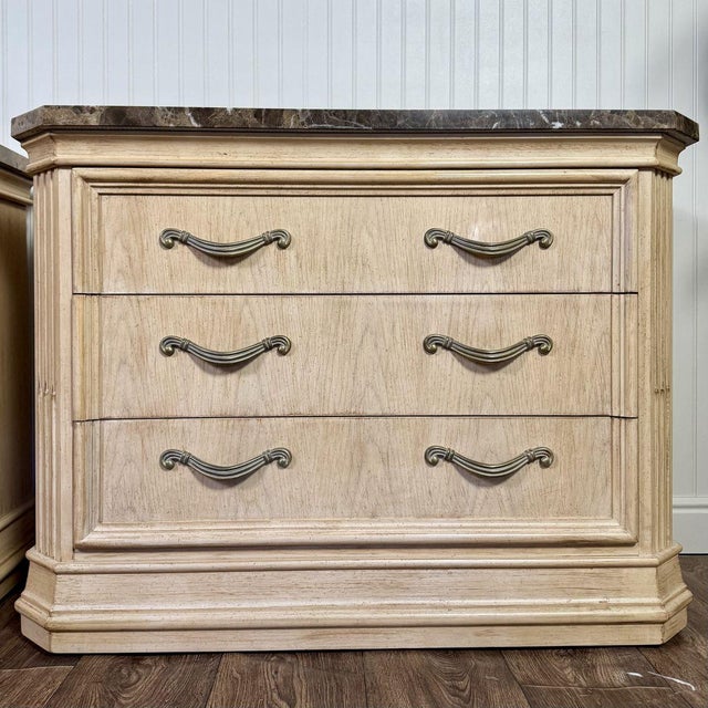 Traditional Vintage Bernhardt Neoclassical Revival Marble Top 3-Drawer Nightstands, Pair For Sale - Image 3 of 14
