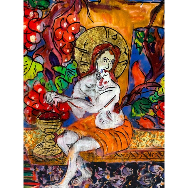 Mid 20th Century Mid 20th Century Saint Among the Vines – Hand-Painted Reverse Glass Icon With 24 Carat Gold Highlights - Unsigned Unknown Artist For Sale - Image 5 of 8