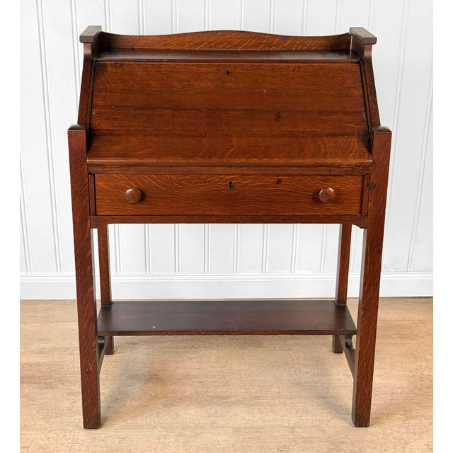 1920s Antique Arts & Crafts Quartersawn Oak Drop Front Secretary Desk For Sale - Image 5 of 15