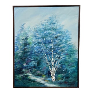 Vintage Signed E. Dutcher Birch Landscape Painting in Blue-Green Tones For Sale