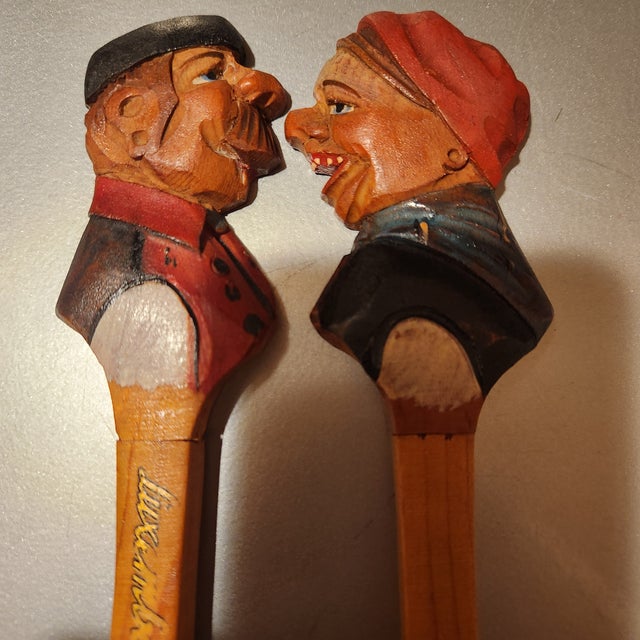 Brown 1950s Luxembourg Man Woman Hand Carved Wood Salad Server Set Italy For Sale - Image 8 of 9