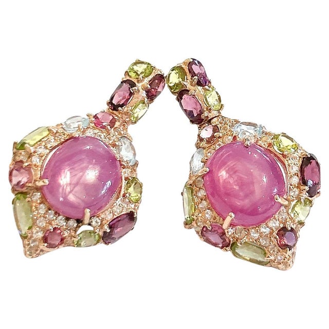 Bochic "Orient" Vintage Pink Ruby & Blue Topaz Earrings - 18K Gold & Silver For Sale - Image 9 of 18