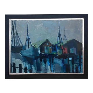 1950s Large Mid-Century Swedish Modernist Harbor Oil Painting by Dag Björn Hellsing For Sale