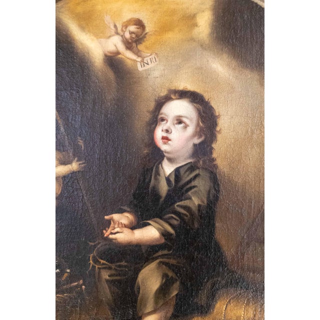 Wood 17/18th C. Spanish School Painting of Boy With Passion Attributes, Follower of Bartolomeo Esteban Murillo For Sale - Image 7 of 18