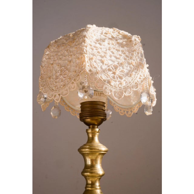 Vintage Brass Base Table Lamp with Hand Sewn Organza Friezes and Pearls Lampshade For Sale - Image 3 of 6