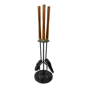 Vintage MCM Iron and Wood Fireplace Tools on Stand