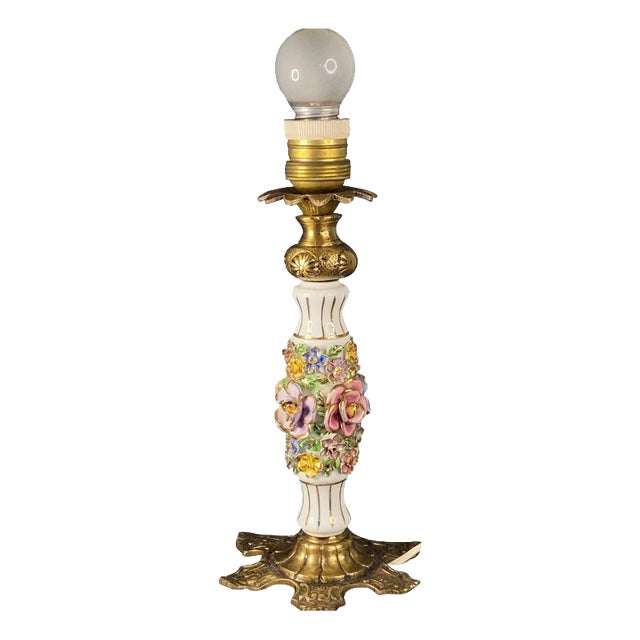 Vintage Italian Brass and Porcelain Table Lamp with Hand-Painted Flowers from Capodimonte For Sale