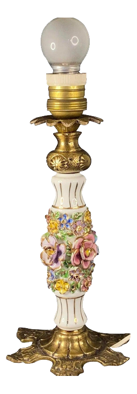 Vintage Italian Brass and Porcelain Table Lamp with Hand-Painted Flowers from Capodimonte
