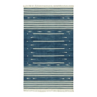 Rug & Kilim's Modern Dhurrie Rug in Blue with White Stripes & Geometric Patterns - 6x9 For Sale