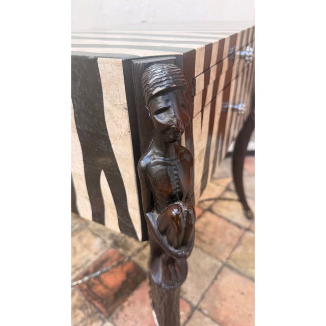 Vintage Tessellated Stone Zebra Pattern Side Table Attributed to Maitland-Smith With Sculptural Figural Supports For Sale - Image 12 of 14