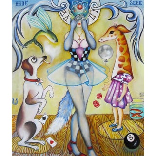 Hide and Seek by Zoa Ace | Oil on canvas Girl covering her eyes with animals and playful elements. For Sale