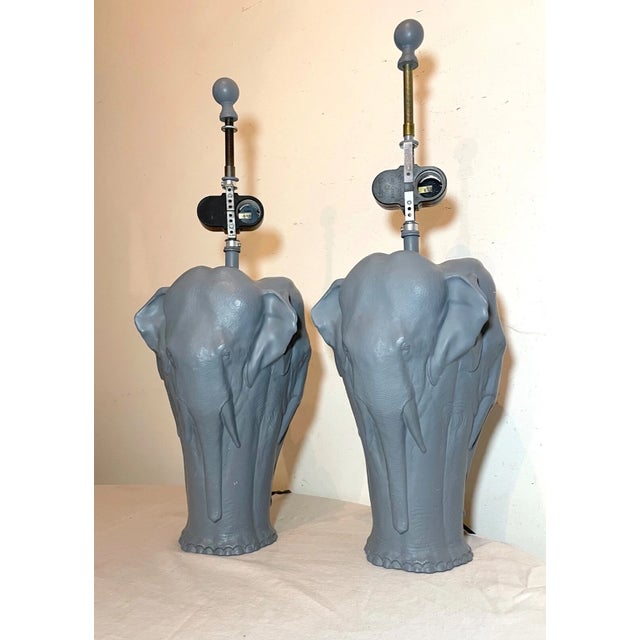 Gray Pair of Vintage Figural Elephant Heavy Gray Painted Metal Electric Table Lamps For Sale - Image 8 of 12
