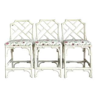 Vintage Regency Chinese Chippendale Bar Stools - Set of 3 For Sale