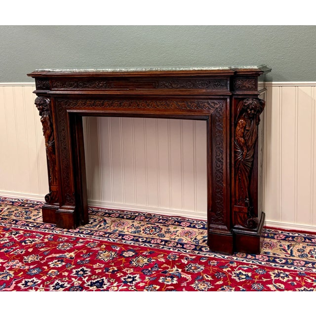 SUPERB Antique French Fireplace Mantel Surround ~~Renaissance Revival~~HIGHLY CARVED OAK~~ORIGINAL GREEN BEVELED MARBLE...