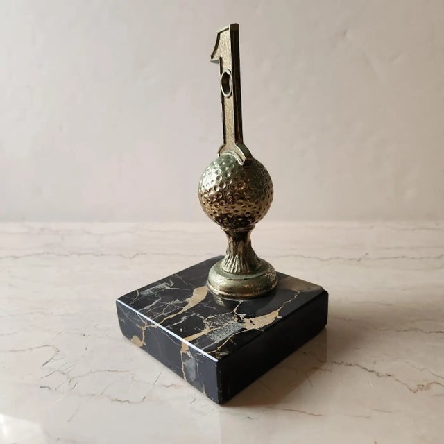 1962 Golf Hole in One Trophy on Black Marble Base bookend or paperweight 3.5 x 3.5 x 7 tall Preowned original unrestored...