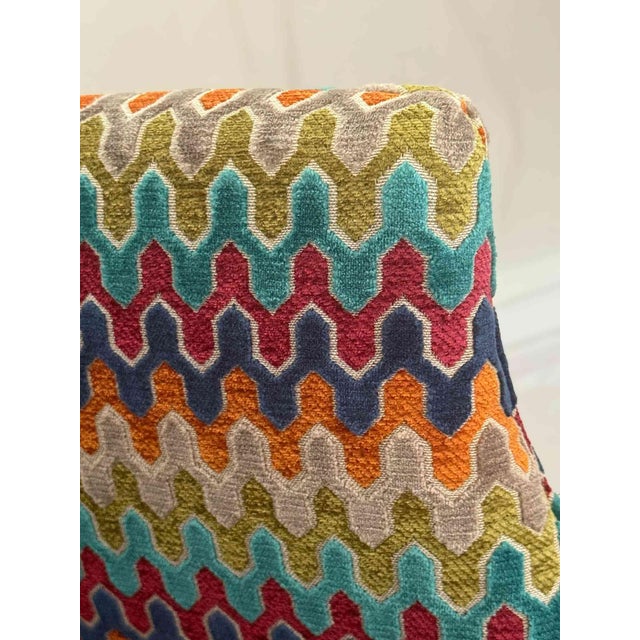 Vintage small armchair with custom Hamilton ‘Sidewinder Confetti’ upholstery. Soft chenille velvet fabric, scalloped front...