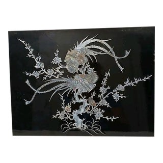 Exotic Asian Mother of Pearl Inlay Lacquer Art Panel Peacock Phoenix Birds Black Silver For Sale