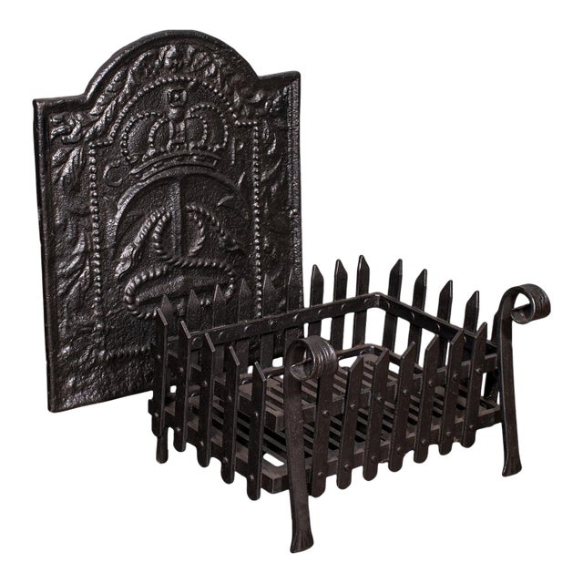 Antique Fireplace Hearth Set, English, Cast Iron, Fire Back, Grate, Victorian For Sale