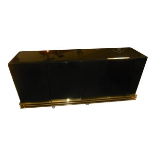 Gorgeous Vintage 1970's Black Glass and Brass Credenza For Sale