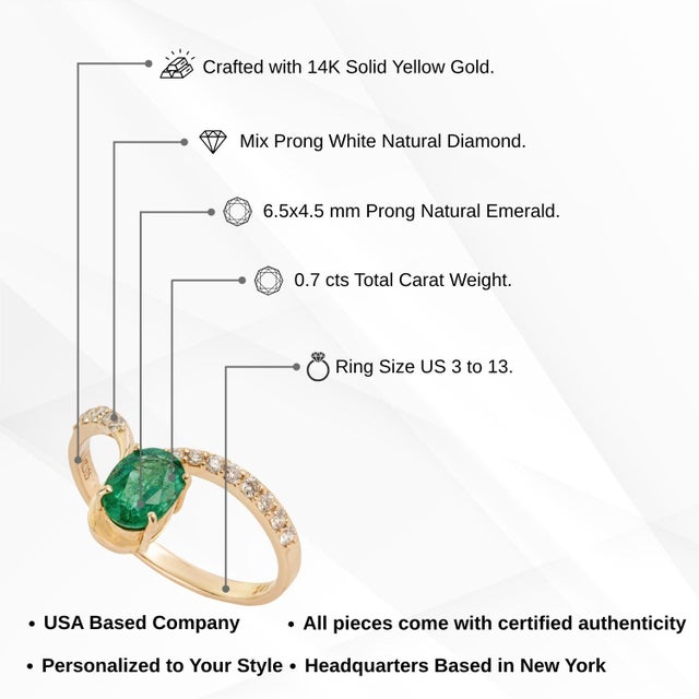Handmade 14k Yellow Gold Natural Oval Emerald Diamond Bypass Ring Size 5 For Sale - Image 12 of 17