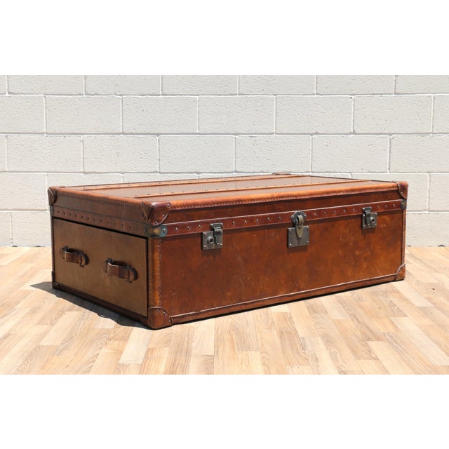 Coffee Restoration Hardware Vintage Leather Trunk Coffee Table | Campaign Style Storage Chest Cocktail Table For Sale - Image 8 of 18