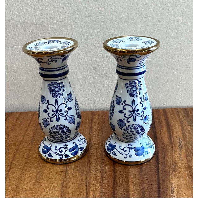 Early 21st Century Blue and White Chinoiserie Ceramic Gilded Candlesticks - Set/2 For Sale - Image 5 of 6