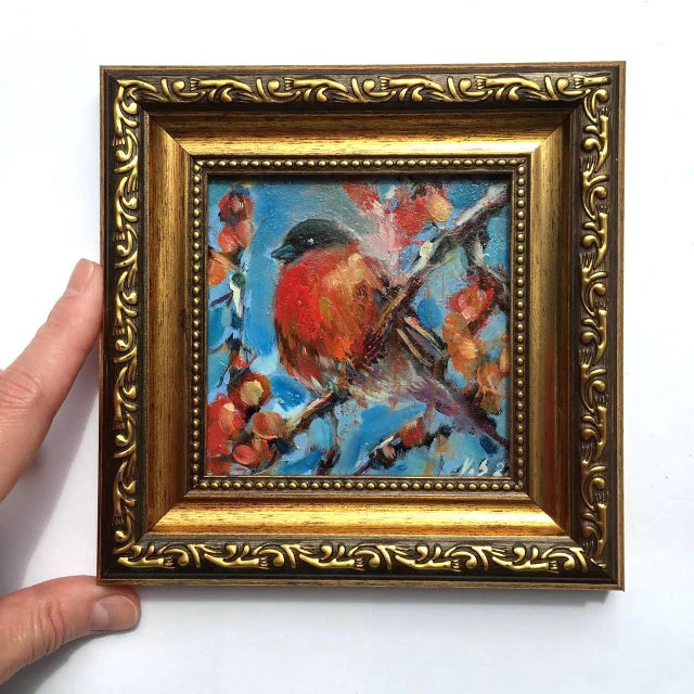Contemporary Framed Bullfinch Bird Original Painting Vintage Style by Valeriya Serova For Sale - Image 3 of 6