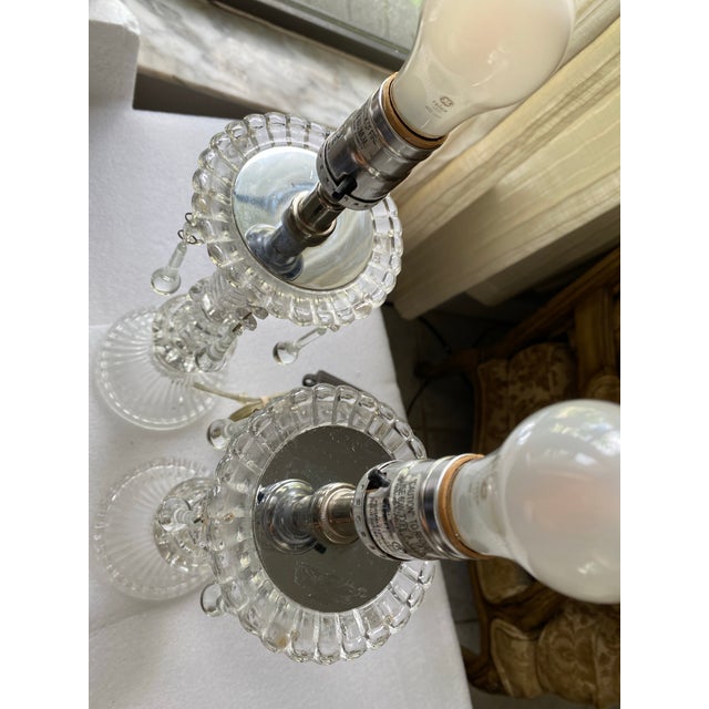 Vintage Pair of Cut Glass Table Lamps, Crystal Prisms, Ornate Traditional Hollywood Regency Lighting, Clear Glass Decorative Lamps For Sale - Image 9 of 10