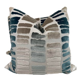 Modern Cut Velvet in Stone and Teal 22” Pillows-A Pair For Sale