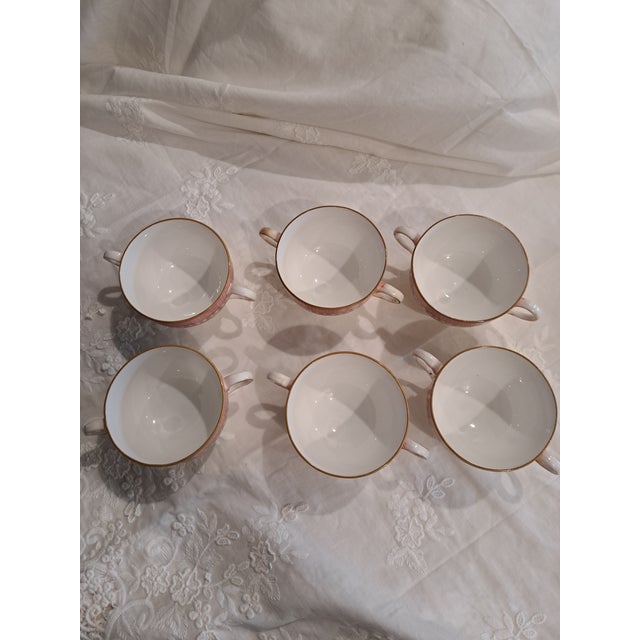 Early 1900's English Crown Staffordshire fine bone china footed soup bowls with matching saucers. 6 sets - 6 bowls and 6...