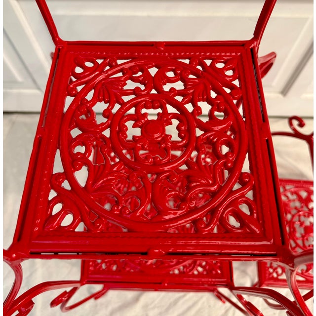 Pair of Chinoiserie Pagoda Form Metal Étagères in Gloss Red For Sale In Los Angeles - Image 6 of 11