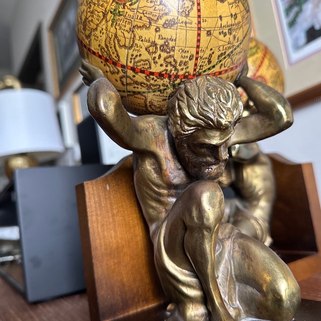 Mid-Century Modern 20th Century MCM Brass Hercules and Globe Bookends For Sale - Image 3 of 12