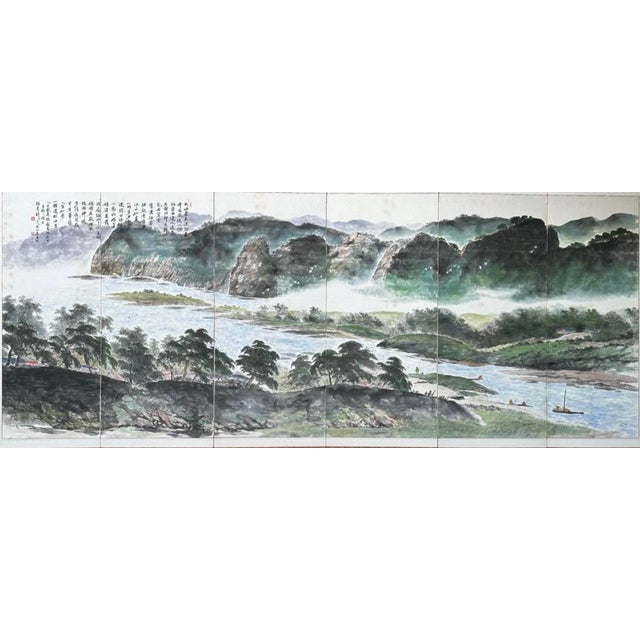 Mid-Century Modern Mid 20th Century Monumental Chinese 6 Panel Hand-Painted Landscape Screen W/ Cranes & Calligraphy For Sale - Image 3 of 18