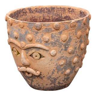 Vintage Mexican Terracotta Studded Face Pot For Sale