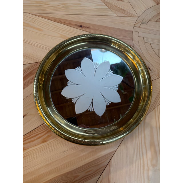Glass Round Brass Tray With Floral Mirrored Glass For Sale - Image 7 of 8