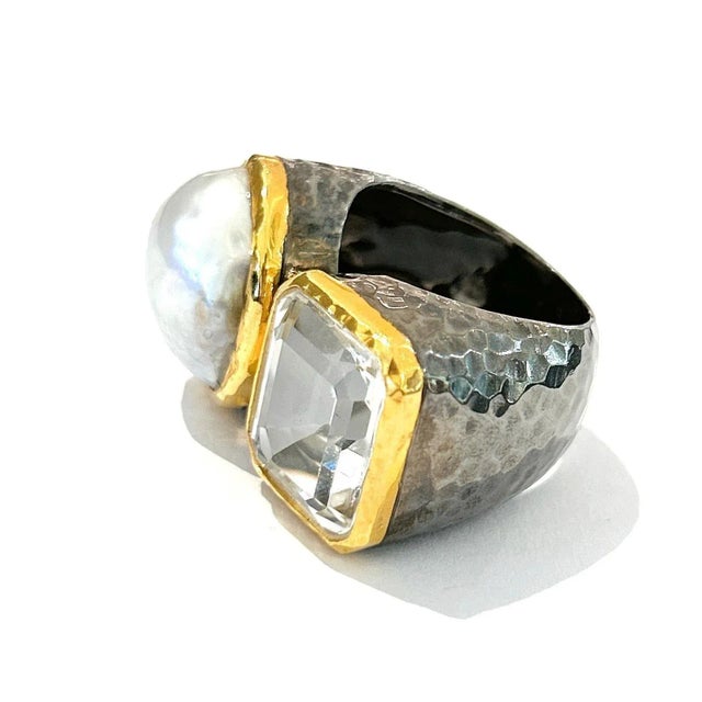 Bochic “Orient” White Topaz & White South Pearl Ring Set 18K White Gold & Silver Natural White Topaz - 2.50 carats White...