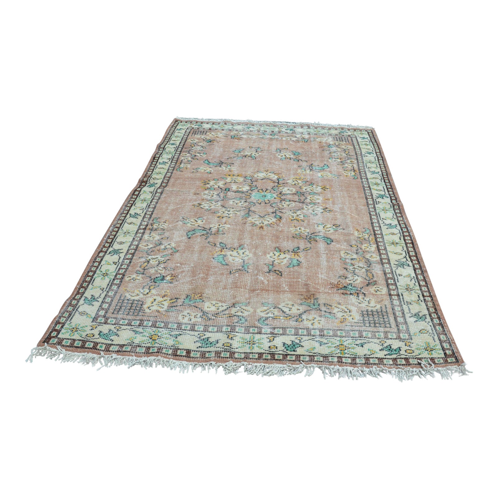 Modern Turkish Oushak Handwoven Boho Turquoise And Brown Wool Floral Rug Chairish