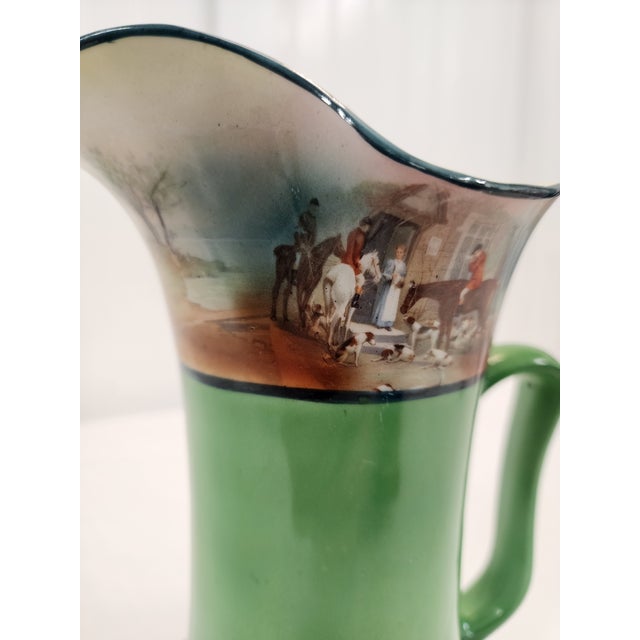 Rustic European 1960s Royal Bayreuth Green Hand Painted Equestrian Hunt Scene Pitcher For Sale - Image 3 of 7