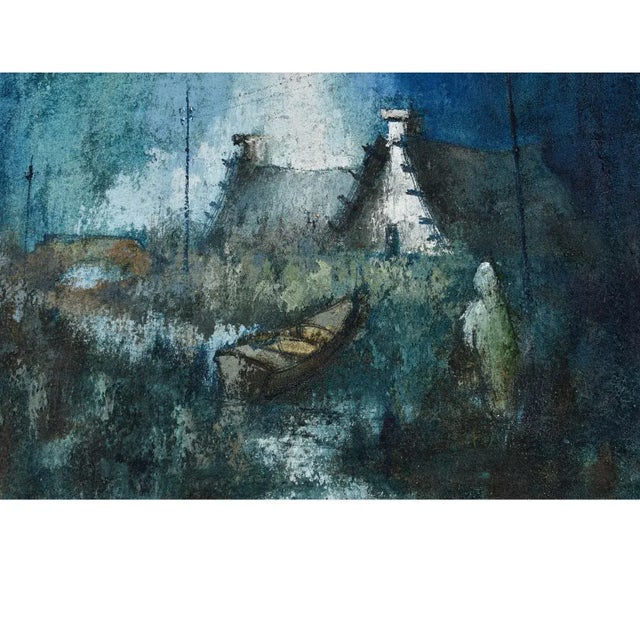 Rustic European Expressionist Rustic European Blue White and Teal Village Landscape Painting With Boat For Sale - Image 3 of 16