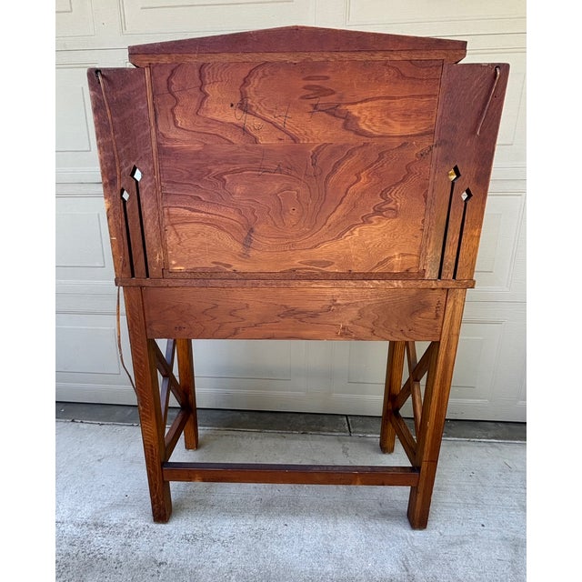 Wood Mission Oak Art & Crafts Drop Leaf Desk Secretary With Pair Stained Glass Lamps For Sale - Image 7 of 14