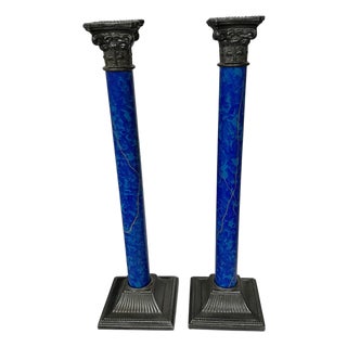 Vintage Corinthian Column Faux Marble Candlesticks Marked Peter Choses. - A Pair For Sale