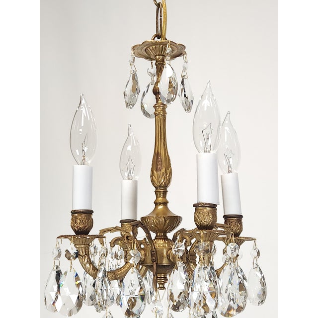 1960s Antique 4 Arm 4 Light Glowing Graceful Brass Cut Lead Glass Crystal Chandelier ~ 4 Available For Sale - Image 5 of 12