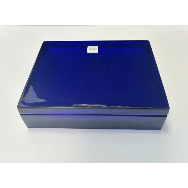 Christian Dior cobalt blue rectangular lead glass crystal box with etched texture inside the lid / made in France Original...