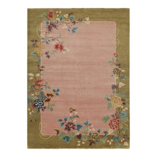 2010s Rug & Kilim’s Chinese Style Art Deco Rug in Pink & Green With Colorful Florals For Sale